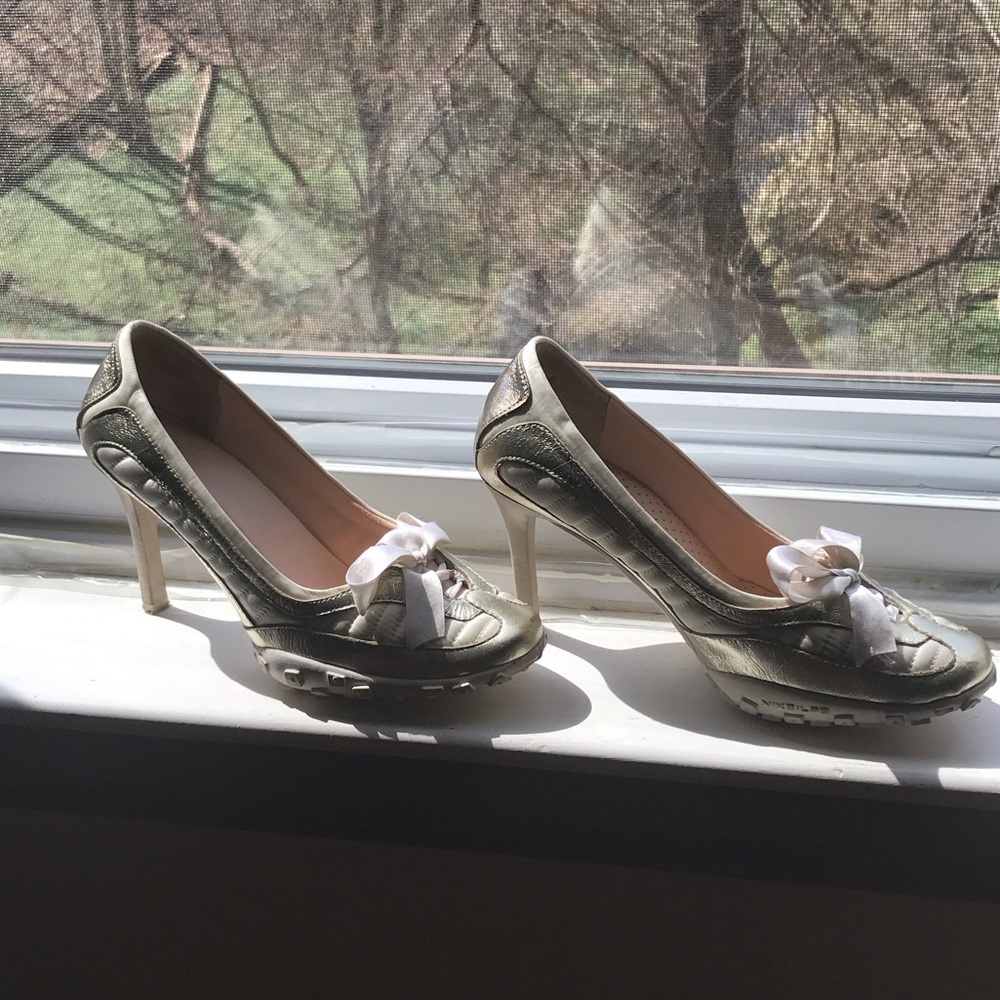 Nike Metallic Gold and White High Heel Pumps with Bow Accent